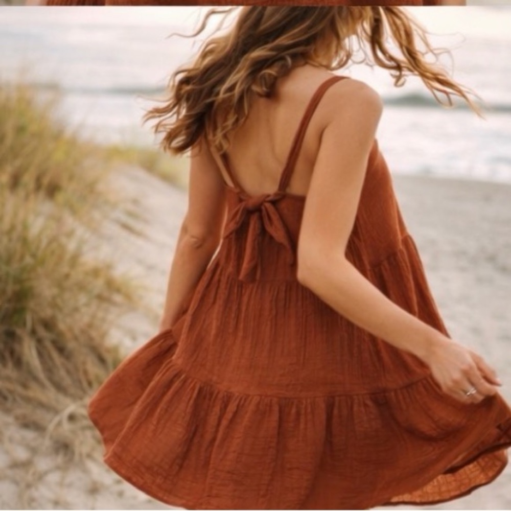 AEMI + CO Rust Cotton Gauze Tie Back Mini Dress Small Boho